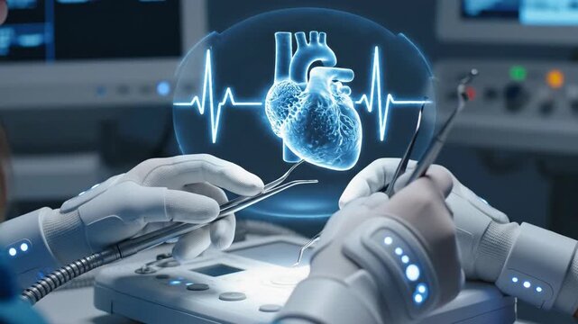 Surgeons utilize cutting-edge robotic arms and holographic displays to perform a delicate heart surgery. The environment is filled with advanced medical equipment, ensuring precision and care.
