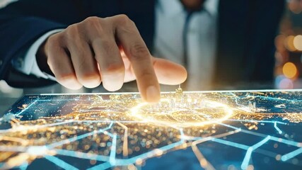 A professional's hand interacts with a glowing digital interface, visualizing global data networks and innovative technological solutions for future business strategies and advanced decision-making - Powered by Adobe