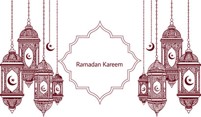 Traditional islamic ramadan kareem lanterns and decorative frame with crescent moon and star symbols
