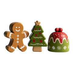 Naklejka premium Wooden Christmas toys set with tree, gingerbread man, and pudding on Transparent Background