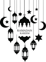 Ramadan kareem decorative elements featuring islamic crescent moons stars and traditional lanterns hanging