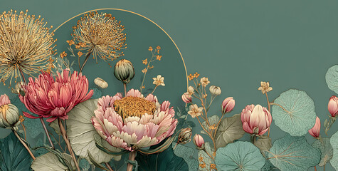 Luxury botanical background with trendy wildflowers and minimalist flowers for wall decoration or wedding. Hand drawn line herb, elegant leaves for invitation save the date card. Botanical rustic