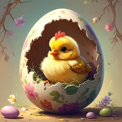 A fluffy yellow chick peeks out from a cracked egg decorated with flowers and foliage, with painted Easter eggs nearby