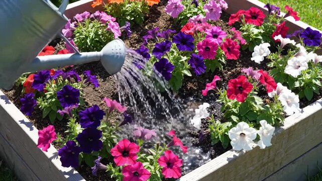 A gardener tends to colorful petunias and other flowers in a lush garden bed. Bright sunlight glistens as water gently flows from a watering can, nourishing the blooms.