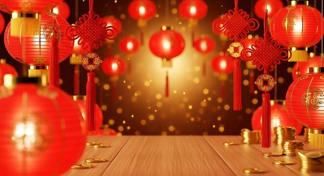 Celebrate Chinese New Year with vibrant red lanterns and lucky coins for a prosperous year ahead, perfect for festive promotions and cultural events