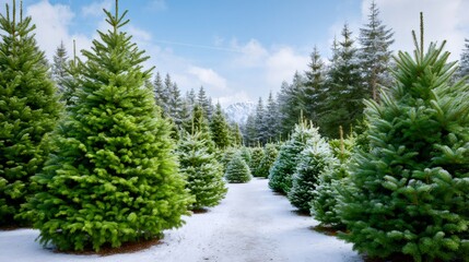 Christmas tree farm with snow in winter forest