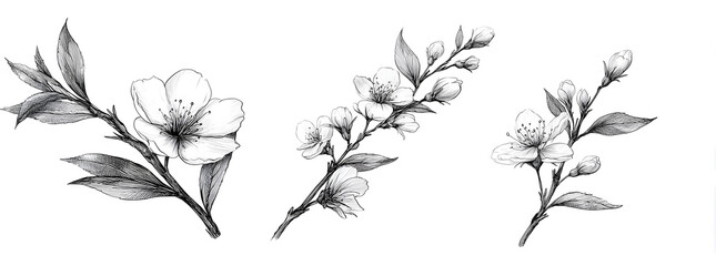 Floral branch and minimalist flowers for logo or tattoo. Hand drawn line wedding herb, elegant leaves for invitation save the date card. Botanical rustic trendy greenery