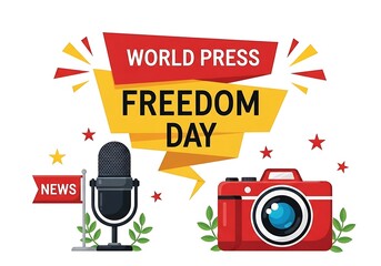 a vibrant illustration depicting world press freedom day with a microphone camera news banner and celebratory stars and ribbons high quality