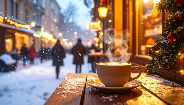 Warm Drink on Snowy Holiday Street