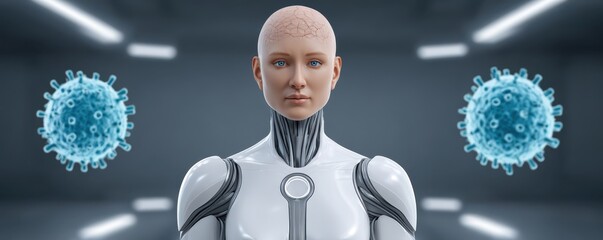 Cure for Cancer Treatment Therapy. Futuristic robot with viruses in a sterile environment.