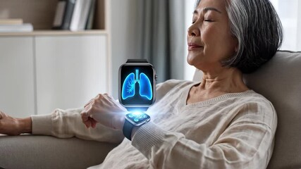 A calm afternoon setting shows a woman enjoying her time at home while she checks her lung function using a smartwatch. This blend of health and technology highlights personal wellness. - Powered by Adobe