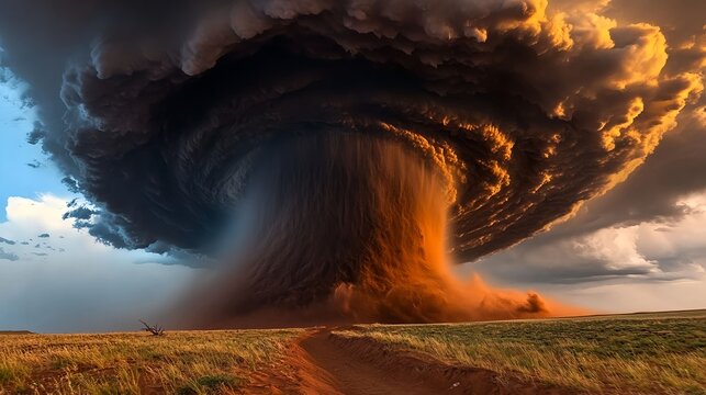 Massive tornado cloud moving foeward with glowing edges sweeping over dry grass field at sunset
