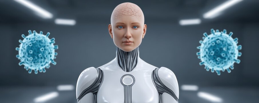 Cure for Cancer Treatment Therapy. Futuristic robot with viruses in a sterile environment. - Powered by Adobe