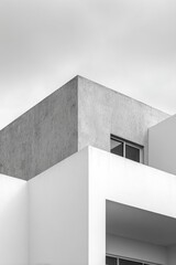 Fototapeta premium Black and white photograph of a modern building's geometric facade; a concrete cube juxtaposed against a white structure, featuring clean lines and minimalist design under a muted sky