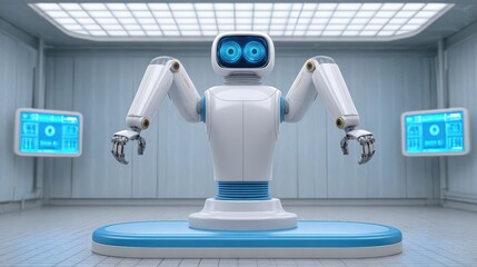 Cure for Cancer Treatment Therapy. Robot in a futuristic lab setting with digital displays.