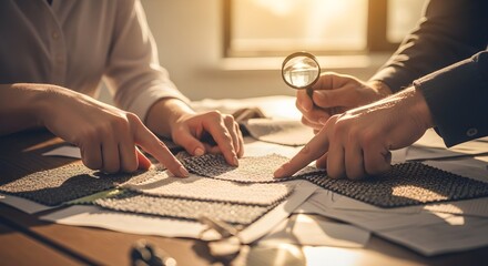 Designers Examining Fabric Swatches with Magnifying Glass in Office