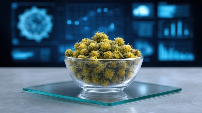 Cure for Cancer Treatment Therapy. Cannabis buds in a glass bowl with digital analytics background.