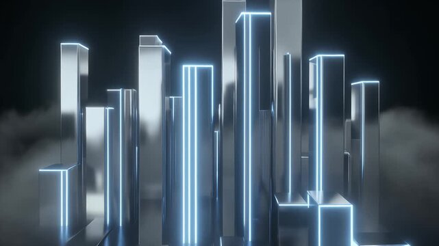 Abstract Digital Cityscape Towers Chrome Neon Lights Future Tech Background