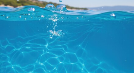 Clear blue water split view showing above and below surface with bubbles and ripples. The underwater scene reveals pool bottom with light patterns. Great for summer and vacation themes.