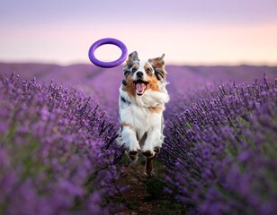 A multi-colored dog leaps toward the camera through a field of lavender, a toy ring mid-air above. The sky blushes pink