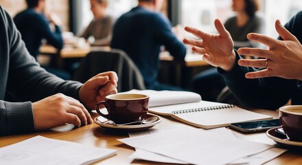 Two people have a casual business chat over coffee at a cafe table. One person gestures while talking. Notebooks and phones rest on the wooden surface. Perfect for teamwork concepts.
