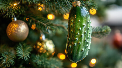 Christmas tree with pickle ornament and golden decorations close-up  