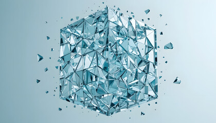 Stunning crystal cube exploding into fragments, a symbol of innovation, disruption, and groundbreaking creative solutions in modern business and technology