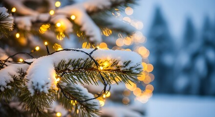 Close-up of snow-covered evergreen branch adorned with warm, glowing Christmas lights.