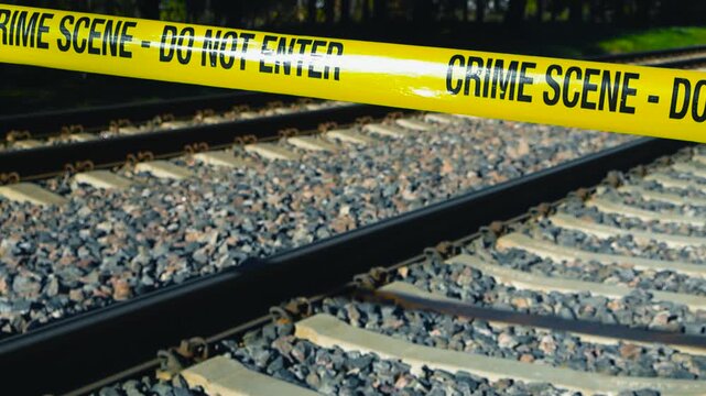 Police yellow colored crime scene forensic investigation tape ribbon in front of rusty and metallic train tracks or railroad lines during a sunny day with bokeh blurry background forest, shallow depth