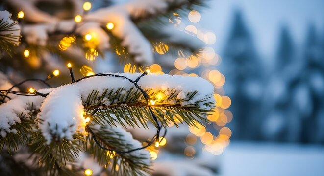 Close-up of snow-covered evergreen branch adorned with warm, glowing Christmas lights.