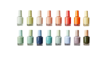 Variety of nail polish bottles in pastel tones arranged neatly isolated on a Transparent background, PNG file.