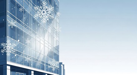 Modern skyscraper building exterior in winter with snow flakes illustration