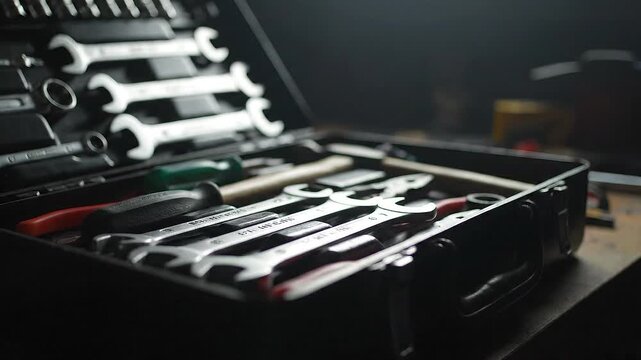 Close-up of a toolbox, filled with various tools wrenches, screwdrivers, and a hammer. Dark scene