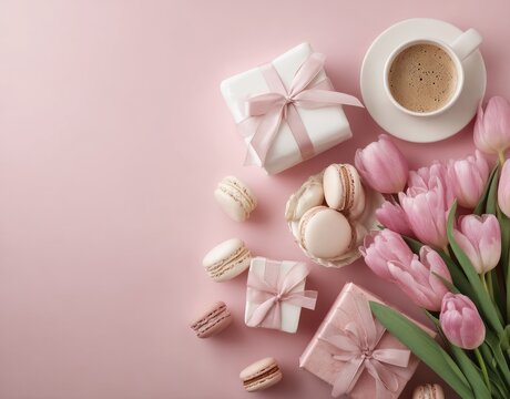 Flatlay of pink gifts, pastel macarons, tulips, and coffee on a pink background.  A celebratory, feminine arrangement