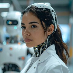 A person with a robotic neck and a helmet looks at the camera. A blurred robot stands behind. The person wears a lab coat