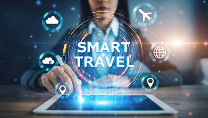 Person using tablet with smart travel graphic overlay and travel icons surrounding it