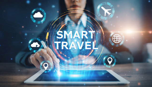 Person using tablet with smart travel graphic overlay and travel icons surrounding it