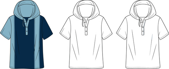 Short sleeve hooded shirt, button placket hoodie, fashion flat sketch, color block garment, technical apparel drawing, menswear design template, vector clothing illustration
