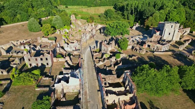 Village of Oradour-sur-Glane, France. Aerial drone backward