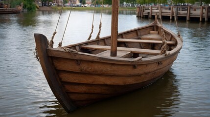 Obraz premium An ancient wooden boat with a single mast floats on calm rippling water near a wooden dock in an outdoor setting