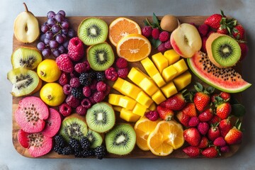 A vibrant display of fresh fruits and vegetables, arranged on a wooden cutting board.