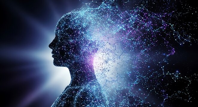 Futuristic AI concept reveals a digital persona, symbolizing connectivity and innovation within the realm of technology and human potential