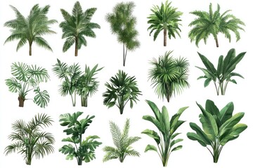 A lush tropical landscape with vibrant green palm trees swaying gently in the breeze, a serene lake reflecting the clear blue sky, and a majestic waterfall cascading down a rocky cliff.