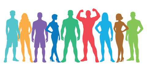 Colorful men and women silhouette figures in dynamic standing poses