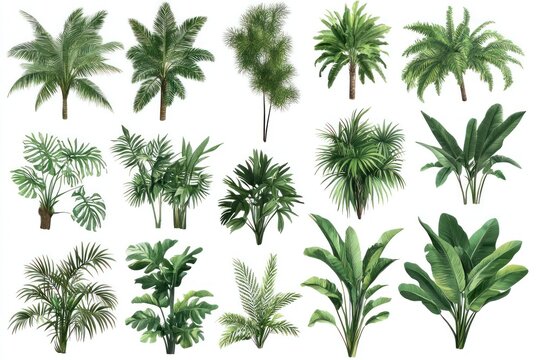 A lush tropical landscape with vibrant green palm trees swaying gently in the breeze, a serene lake reflecting the clear blue sky, and a majestic waterfall cascading down a rocky cliff. - Powered by Adobe