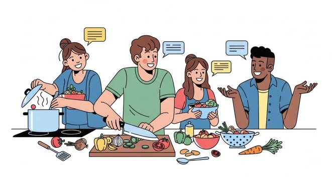 Diverse group of friends happily cooking together in a kitchen preparing a healthy meal and sharing conversation