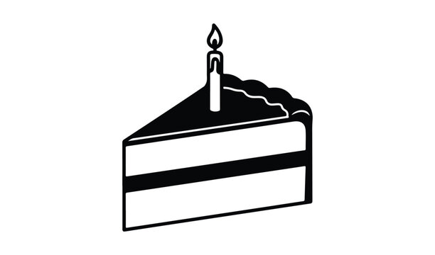 Simple black and white illustration of a slice of cake with a lit candle