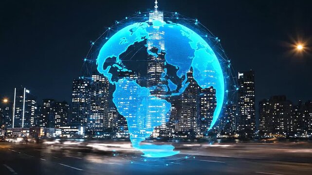 A futuristic globe, superimposed over a cityscape, glows with networking lines