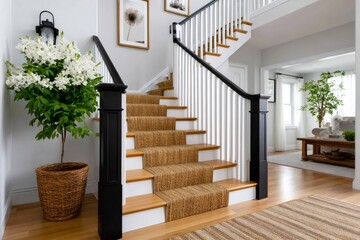 Modern farmhouse entryway with staircase and natural fiber runner