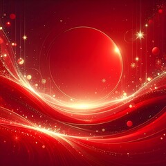 A radiant red background with gold highlights, featuring a central circle, flowing lines, and sparkling elements. It has a warm glow